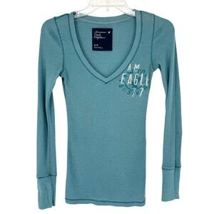 Y2K 2010 American Eagle Ribbed V-Neck Henley Long Sleeve Teal Sz S Elena Gilbert